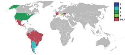 De izquierda a derecha: mapa de las selecciones participantes del primer Mundial de fútbol en 1930, ordenados por colores y de forma descendente de acuerdo con su progreso en el torneo; réplica de la copa Jules Rimet concedida entre 1930 y 1970 a las selecciones vencedoras de cada mundial; el equipo uruguayo campeón mundial en 1950, en el denominado «Maracanazo».