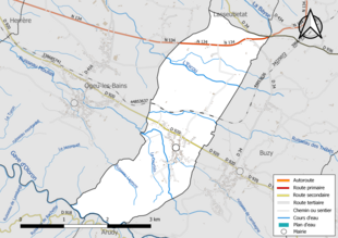 Carte en couleur présentant le réseau hydrographique de la commune