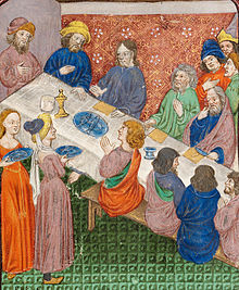 Christ and disciples at table in the house of Symeon the leper, with Mary Magdalen and Martha serving (f. 14) Cropped.jpg