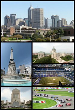 Panorama Downtown Indianapolis dengan Menara Chase di tengah, Monumen Tentara dan Pelaut (Indianapolis), Indiana Statehouse, Stadion Lucas Oil, Indiana World War Memorial Plaza, Indianapolis Motor Speedway