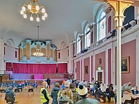 COVID-19 vaccination in the Large Hall of the Cambridge Guildhall viewed from its main entrance