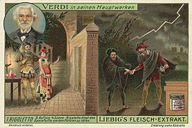 Liebigbilder 1913, Serie 889. Verdi in seinen Hauptwerken - 1 Rigoletto - Rigoletto dingt den Sparafucile, um den Fürsten zu töten.jpg