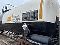 Image 4Trains carrying hazardous materials display information identifying their cargo and hazards. This tank car carrying chlorine displays, among other markings, a U.S. DOT placard showing a UN number that identifies the hazardous substance. (from Train)