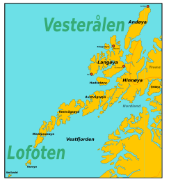 Kart over Lofoten og Vesterålen i Noreg