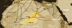 Map showing main trans-Saharan caravan routes c. 1400. Also shown are the Ghana Empire (until the 13th century) and 13th – 15th century Mali Empire, with the western route running from Djenné via Timbuktu to Sijilmassa. Present day Niger in yellow.