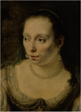 Head of a Lady label QS:Len,"Head of a Lady" label QS:Lnl,"Kop van een vrouw" . Early 1650s date QS:P,+1650-00-00T00:00:00Z/8 . oil on canvas medium QS:P186,Q296955;P186,Q12321255,P518,Q861259 . 46.4 × 33.5 cm (18.2 × 13.1 in). New York City, Sotheby's (29 January 2020).