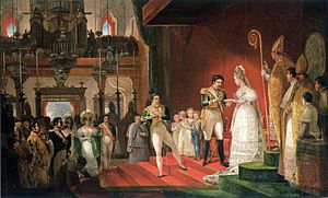 Under a red canopy in a baroque church, a man in uniform places a ring on the finger of a woman in an elaborate white dress, attended by 4 small children, bishops and other onlookers