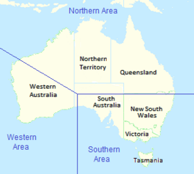 Map of Australia showing state borders, with RAAF area command boundaries superimposed