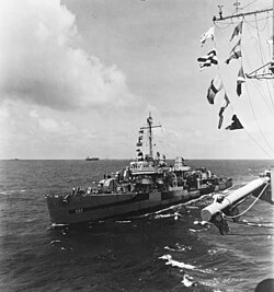 USS Paul Hamilton (DD-590) during the Iwo Jima campaign, 11 March 1945. She is wearing camouflage Measure 32, Design 3d.