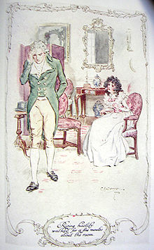 Gravure en couleur. Un homme debout, l'air troublé; une jeune fille assise, attentive