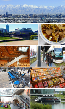 (From top, left to right : Kureha Hills •Tomiiwa Canal Kansui Park • Toyama Black• Toyama Glass Museum• Toyama Light Rail • Avile • Toyama Drug Sales • Sogawa Ferio • Tomiiwa Canal)