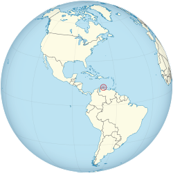 Curacao on the globe (Americas centered)