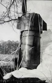 A big metallic cylinder standing upright in a field next to a tree.