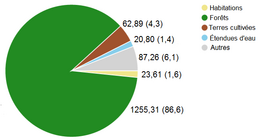 Carte en couleur de l'occupation des sols sous la forme d'un camembert ; la couleur verte représentant les forêts recouvre plus de 85 % de la surface totale du camembert.