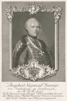 A black-and-white portrait of Dagobert Sigmund von Wurmser. He is highly decorated, and is pictured with a blank expression, facing forward. He is within a frame, and illegible text is at the bottom.