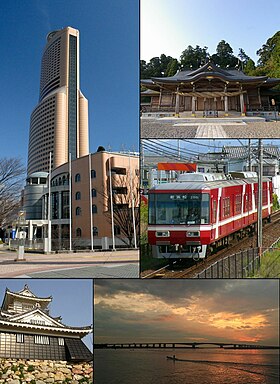 Do topo à esquerda: Act City Hamamatsu, Akihasan Hongū Akiha Jinja, Linha Férrea Enshu, Castelo de Hamamatsu e Hamana Ōhasi