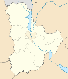 Mapa konturowa Kijowa i obwodu kijowskiego, na dole nieco na lewo znajduje się punkt z opisem „Stawyszcze”