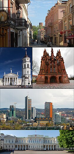 Top: Vilnius Old Town Middle left: Vilnius Cathedral Middle right: St. Anne's Church The 3rd row: Vilnius business district (Šnipiškės) The 4th row: Presidential Palace.