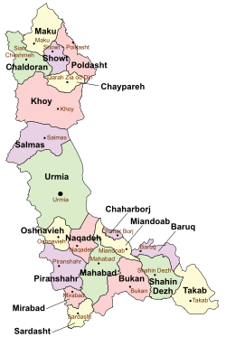 Location of Miandoab County in West Azerbaijan province (lower center, yellow)