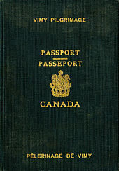 A Passport with the Canadian coat of arms in the middle and text in both French and English identifying the book as a passport for the Vimy Pilgrimage