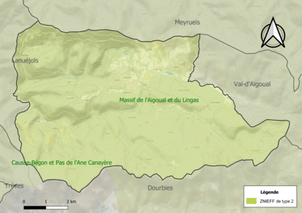 Carte de la ZNIEFF de type 2 sur la commune.