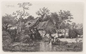 Landschap met watermolen en wassende vrouwen, objectnr A 13615.tif