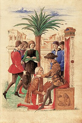 Marcello giving the manuscript to René d'Anjou, f.4r.