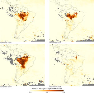 Aerosoli nad Amazonijo vsak september v štirih sezonah gorenja (2005 do 2008). Aerosolna lestvica (rumena do temno rdečkasto rjava) označuje relativno količino delcev, ki absorbirajo sončno svetlobo.