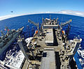 The US Navy's USNS Cesar Chavez (right) conducts a replenishment at sea with the Australian frigate HMAS Toowoomba (left) /Tentera Laut Amerika Syarikat "USNS Cesar Chavez" (kanan) sedang mengendalikan pengisian semula di laut dengan kapal frigat Australia "HMAS Toowoomba" (kiri)/美国海军干货弹药船“塞萨尔·查韦斯”号（右）在对澳大利亚皇家海军护卫舰“突温巴”号（左）进行海上补给