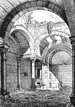 19th-century drawing of interior space of the Roman temple ("Praetorium") in al-Masmiyah[1]