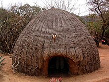 traditionelle Rundhütte, wie sie in Eswatini häufig anzutreffen ist, vollständig aus natürlichen Materialien gebautmit kuppelförmig Dach aus einem dichten Geflecht aus Gras oder Reet