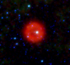 WISE image of the infrared nebula IRAS 00500+6713, with the central star WD J005311 not visible. The whole system is designated Pa 30