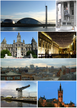 Fan boppe lofts ôf: Glasgow Science Centre, stânbyd hartoch fan Wellington foar Gallery fan Moderne Keunst, Beurs (Royal Exchange Square), stedsbyld sjoen fanôf The Lighthouse, Gilbert Scottgebou fan de Universiteit fan Glasgow, Finnieston Crane