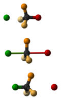 The three steps of an SN2 reaction. The nucleophile is green and the leaving group is red