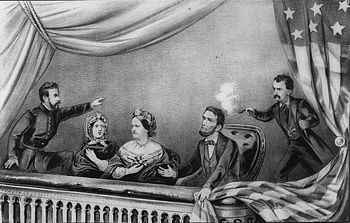 Lithografie des Attentats auf Lincoln; v. l. n. r.: Henry Rathbone, Clara Harris, Mary Todd Lincoln, Abraham Lincoln und John Wilkes Booth