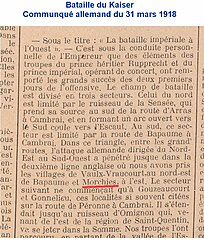 Article de journal mentionnant le reprise du village par les allemands le 31 mars 1918.