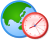 Globe icon with a red clock.