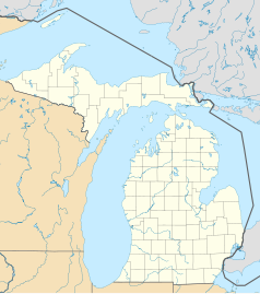 Mapa konturowa Michigan, na dole po prawej znajduje się punkt z opisem „Clarkston”