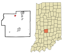 Lage von Monrovia im Morgan County (links) und in Indiana (rechts)