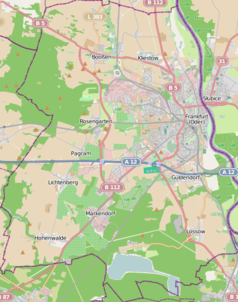 Mapa konturowa Frankfurtu nad Odrą, po prawej nieco u góry znajduje się punkt z opisem „Uniwersytet Viadrina we Frankfurcie nad Odrą”