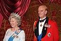 Waxwork model of Queen Elizabeth II with Prince Phillip at Madame Tussaud's, London, UK