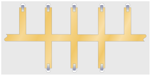 A stripline circuit consisting of a through line with regularly spaced branch lines perpendicular to it. Each branch line (except the first and the last) extends both sides of the through line and is terminated in short-circuit straps at both ends. The first and last branch line extend to only one side, are half the length of the other branches, and have only one terminating short-circuit strap.