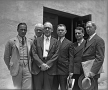 Professor H. C. Willett, Dr. Robert A. Millikan, Dr. Willis Gregg, Lieut. T. J. O'Brien, Dr. Theodore Von Karman, and Capt. A. H. Thiessen gather at conference, Pasadena, 1934.jpg