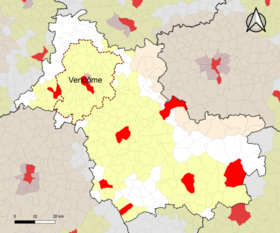 Localisation de l'aire d'attraction de Vendôme dans le département de Loir-et-Cher.