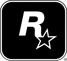 A capital "R" in white with a five-pointed, black star with a white outline appended to its lower-right end. They lay on a black square with a thick white border, a thin black outline, and rounded corners.