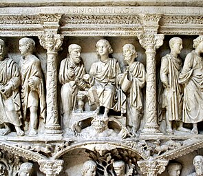 Roman putti on columns of the Sarcophagus of Junius Bassus, 389, marble, Museo del tesoro di San Pietro, St. Peter's Basilica, Vatican City[9]