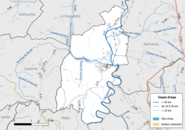 Carte en couleur présentant le réseau hydrographique de la commune