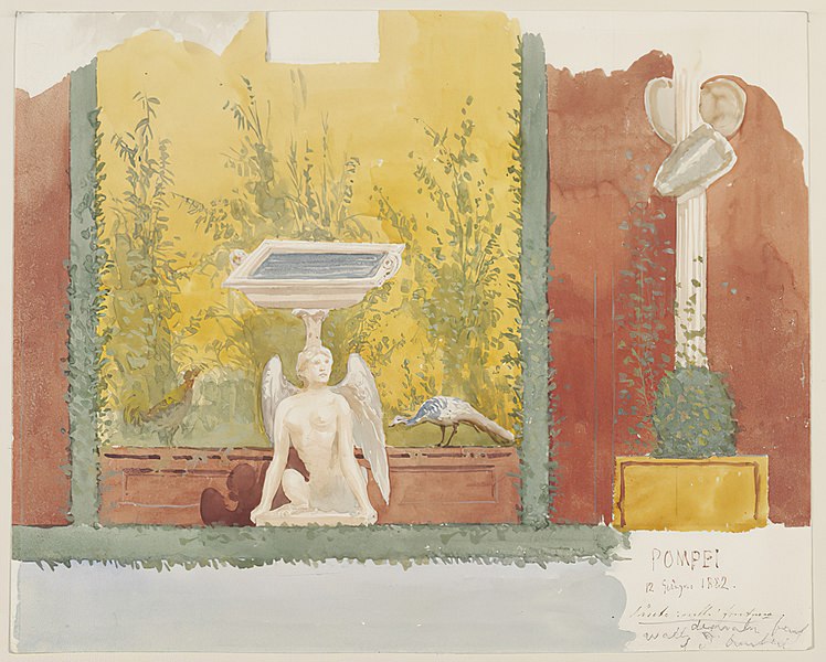 File:Fresco of a garden with sculplture of a winged being in Pompeii watercolor by Luigi Bazzani.jpg