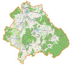 Mapa konturowa gminy Mysłakowice, blisko górnej krawiędzi nieco na lewo znajduje się punkt z opisem „Pałac w Dąbrowicy”