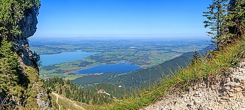 View from the Tegelberg on the Forggensee and the Bannwaldsee, Ostallgäu, Bavaria, Germany